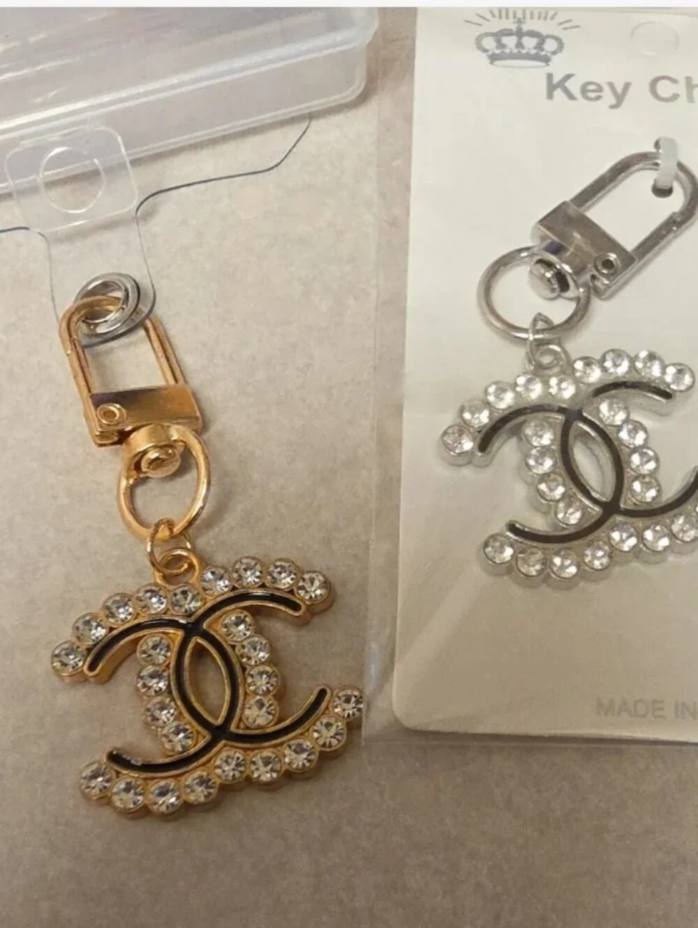 Rhinestone Interlocking Logo Key Chain - Gold or Silver